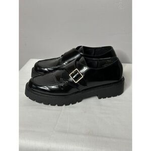H&M Women Platform Loafers Shoes Black Patent Leather Sz 9 Lug Sole Chunky
